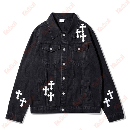 lapel patch decoration black denim jacket
